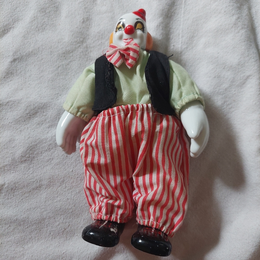 Vintage Porcelain Clown Doll with Striped Pants